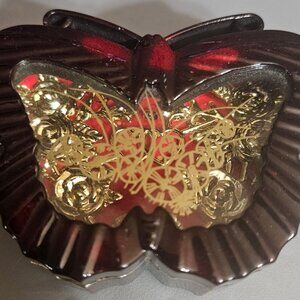 Butterfly Jewelry/Trinket Box Red And Gold With Hinged Lid